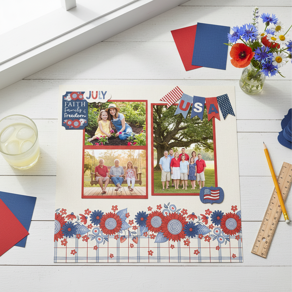 Faith Family and Freedom scrapbook layout using Echo Park Yankee Doodle paper line, displayed as a flatlay on a white desk with lemonade and wildflowers