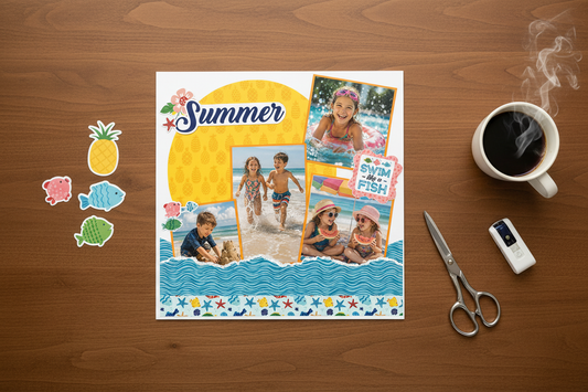 Sample scrapbook layout created with The Memory Collective Club August scrapbook kit featuring coordinated papers and embellishments for summer memories.