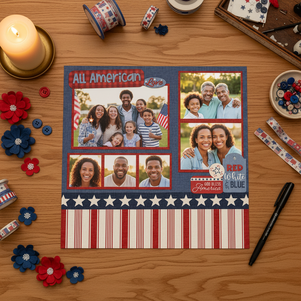 All American Love scrapbook page layout using Echo Park Yankee Doodle collection, shown as a flatlay on a wood desk with candle and ribbon