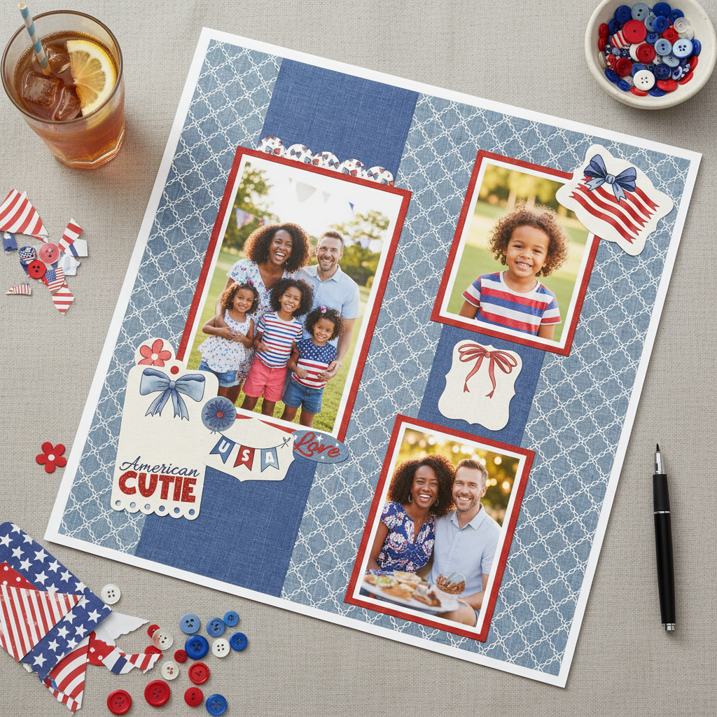 All American Love scrapbook page layout using Echo Park Yankee Doodle collection, shown as a flatlay on a wood desk with candle and ribbon