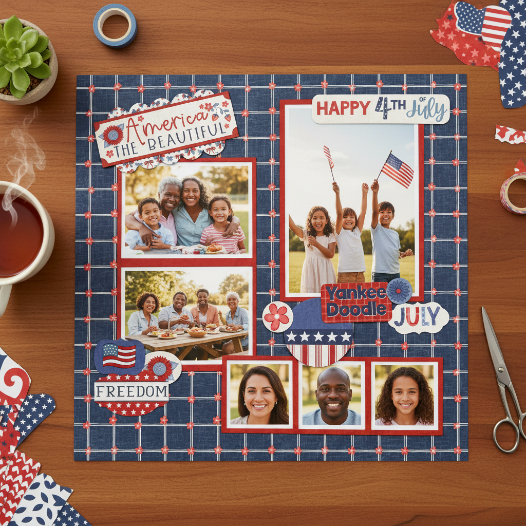 America the Beautiful scrapbook page layout using Echo Park Yankee Doodle collection, shown as a flatlay with tea, succulents, and red white and blue embellishments