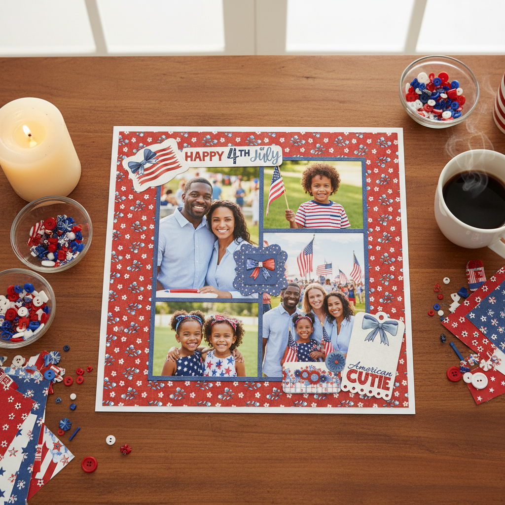 Completed Happy 4th of July scrapbook layout using Echo Park Yankee Doodle paper, displayed as a flatlay on a wood desk with buttons and coffee