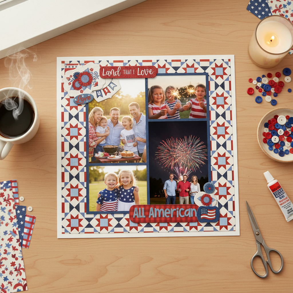 Land That I Love scrapbook layout using Echo Park Yankee Doodle paper, displayed as a flatlay on an oak desk with candle and paper flowers