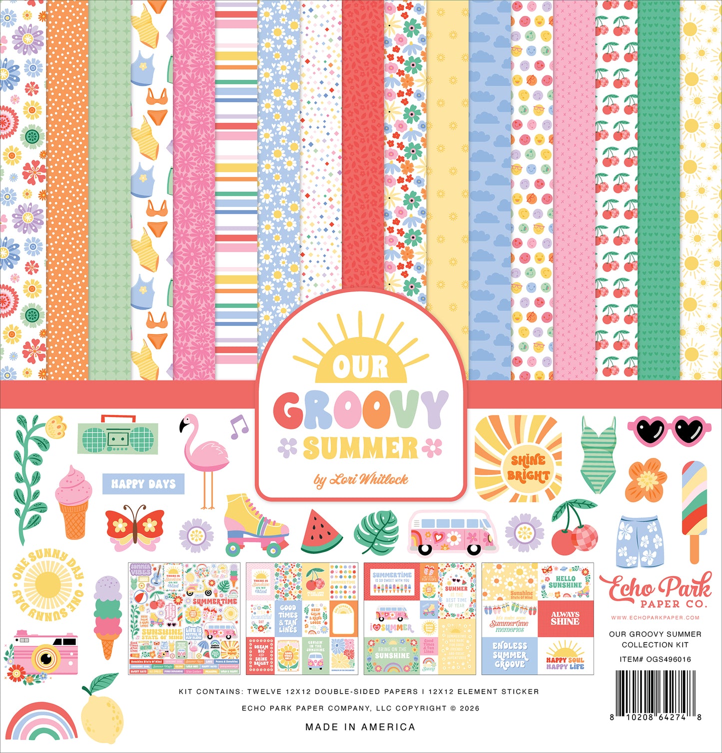 Our Groovy Summer patterned scrapbook papers from Echo Park Paper Co. included in The Memory Collective Club August scrapbook kit.