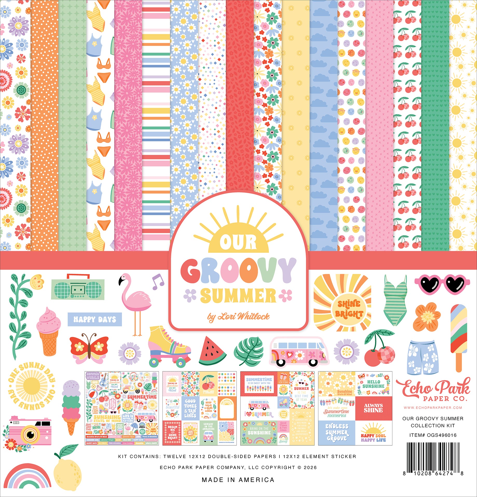 Our Groovy Summer patterned scrapbook papers from Echo Park Paper Co. included in The Memory Collective Club August scrapbook kit.