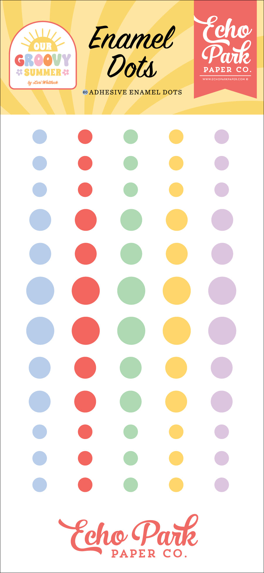 Coordinating enamel dots in summer-inspired colors included in The Memory Collective Club August scrapbook kit.