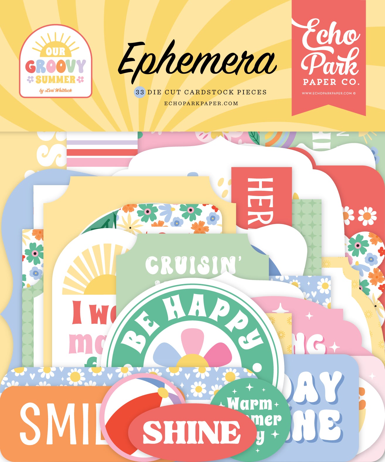 Coordinating Our Groovy Summer ephemera by Echo Park Paper Co. featured in The Memory Collective Club August scrapbook kit.