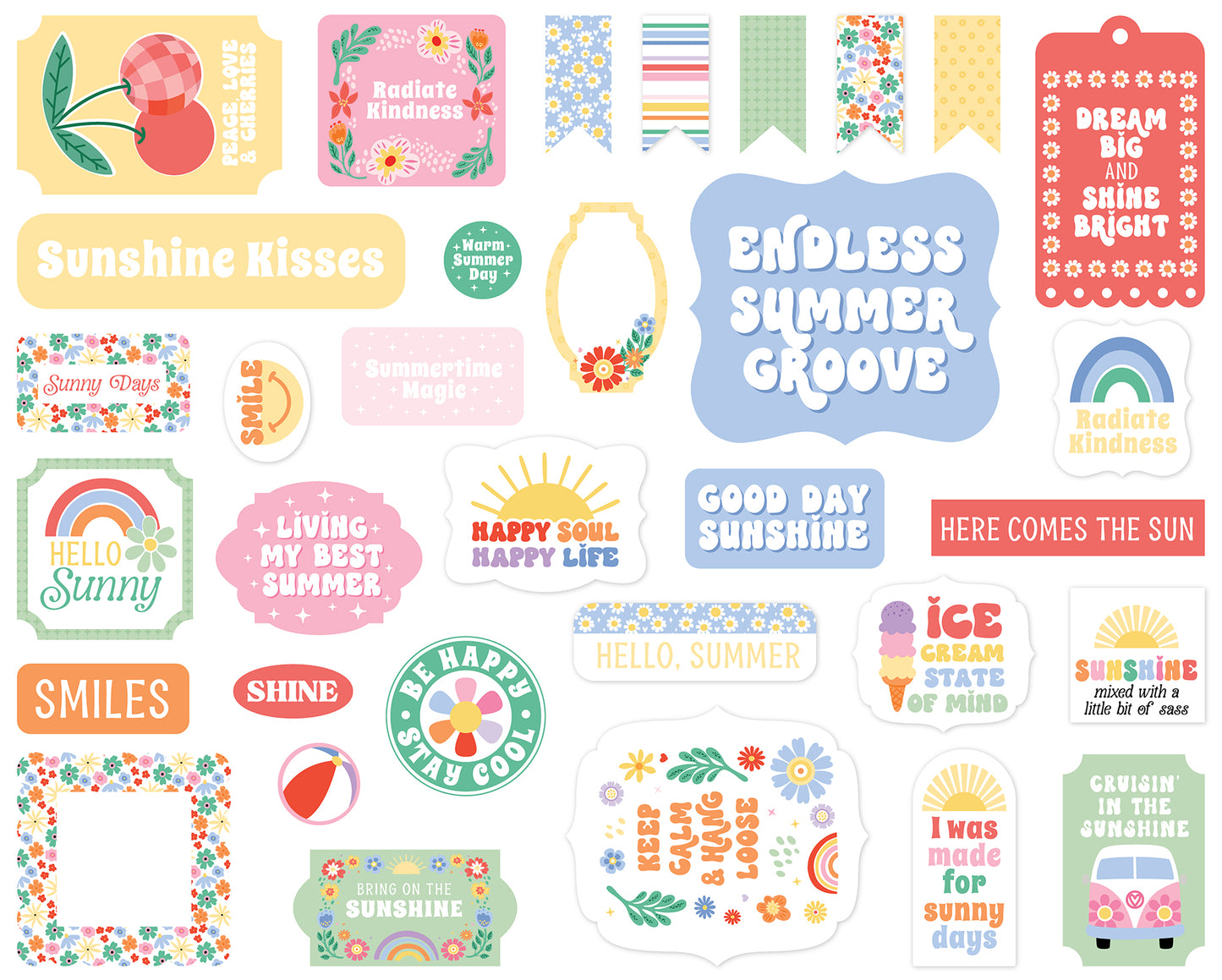 Overview of the Our Groovy Summer die-cut ephemera included in The Memory Collective Club August scrapbook kit, featuring retro summer icons, florals, labels, and decorative accents by Echo Park Paper Co.