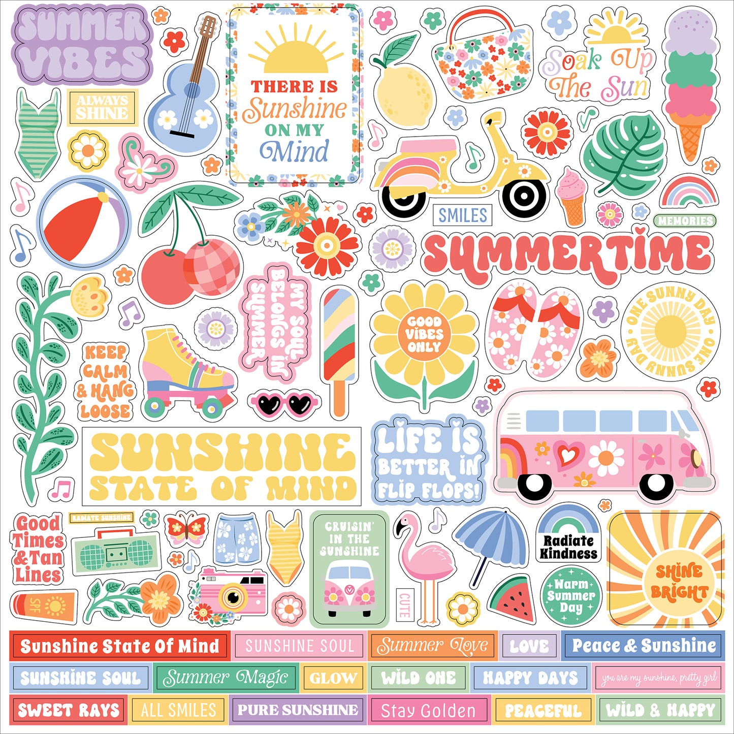 Colorful Our Groovy Summer scrapbook sticker sheet by Echo Park Paper Co. featured in The Memory Collective Club August kit.