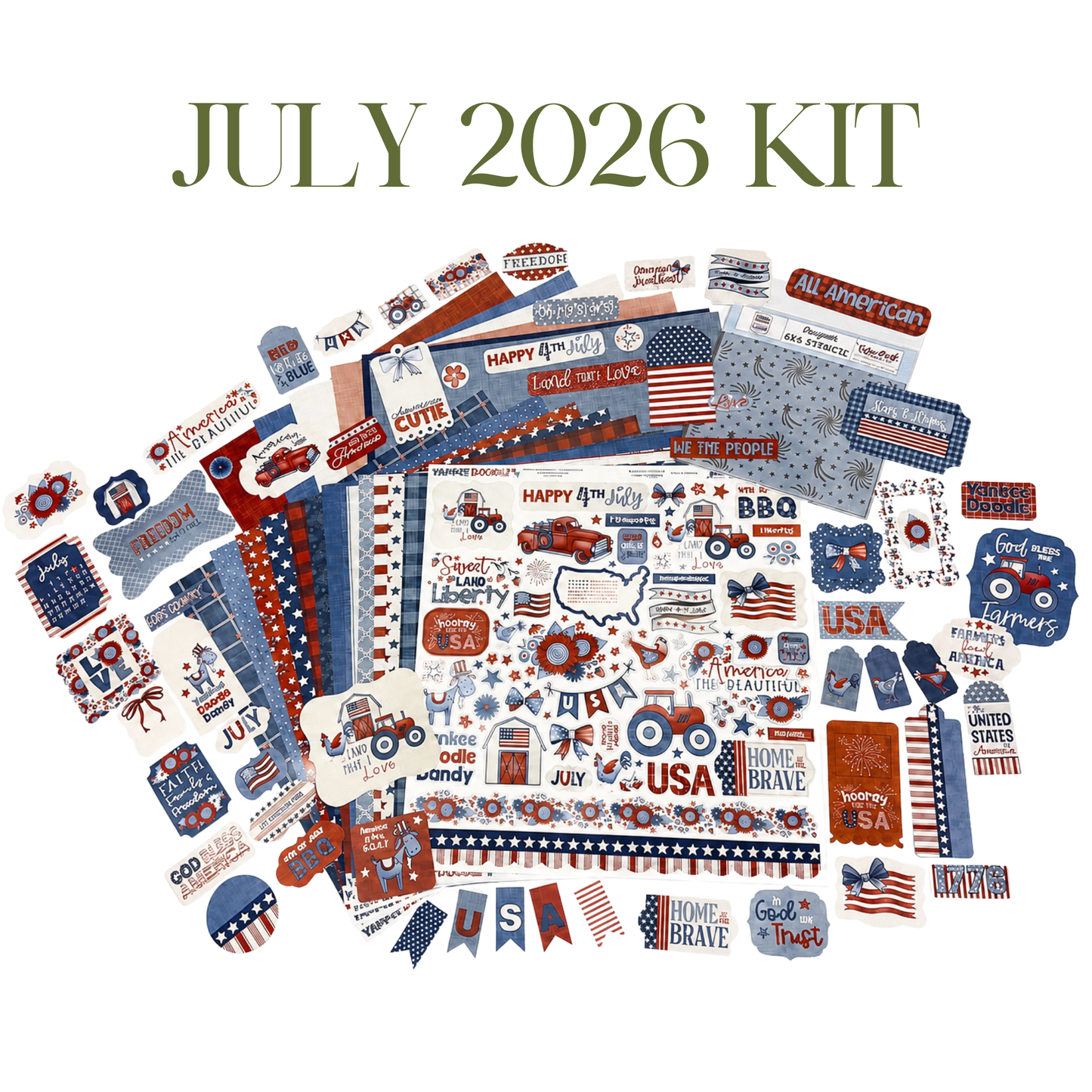 July Memory Collective scrapbook subscription kit contents featuring Echo Park Yankee Doodle paper collection with coordinated embellishments and supplies