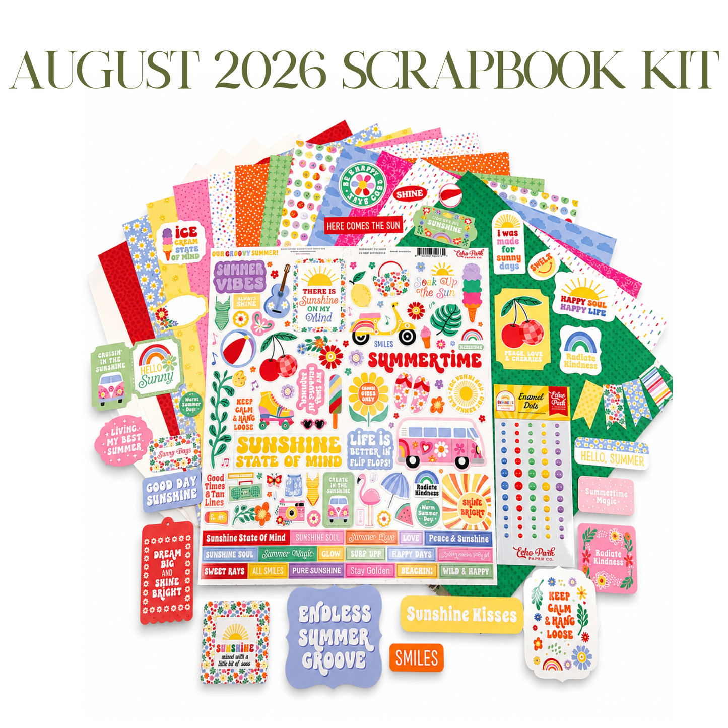 The Memory Collective Club August scrapbook kit featuring coordinated patterned papers, embellishments, and summer memory-keeping ideas.