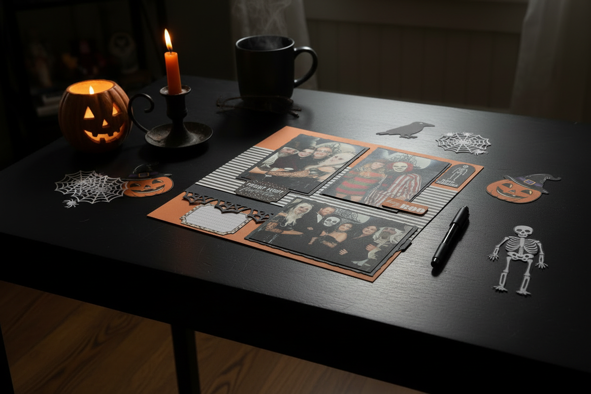After Dark layout on black lacquer desk with jack-o-lantern
