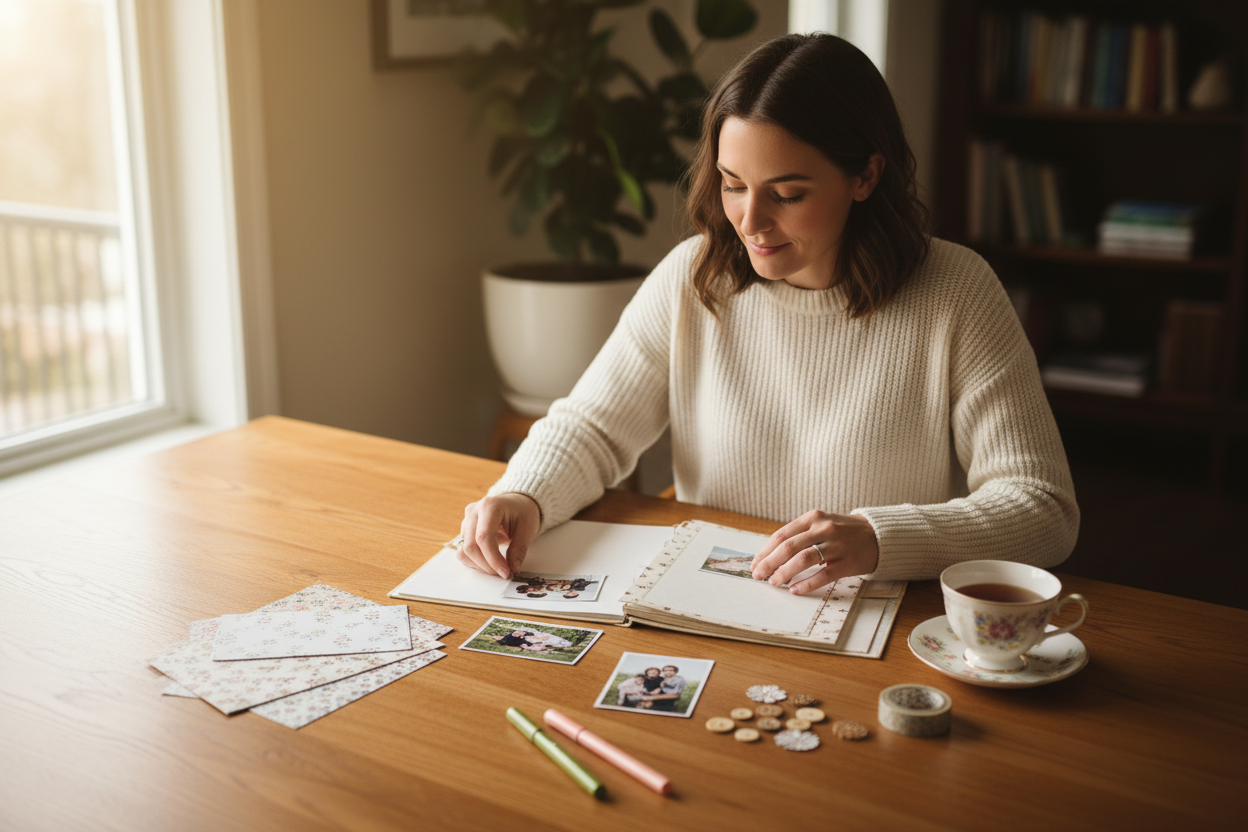 Cozy woman scrapbooking with minimal supplies and cup of tea