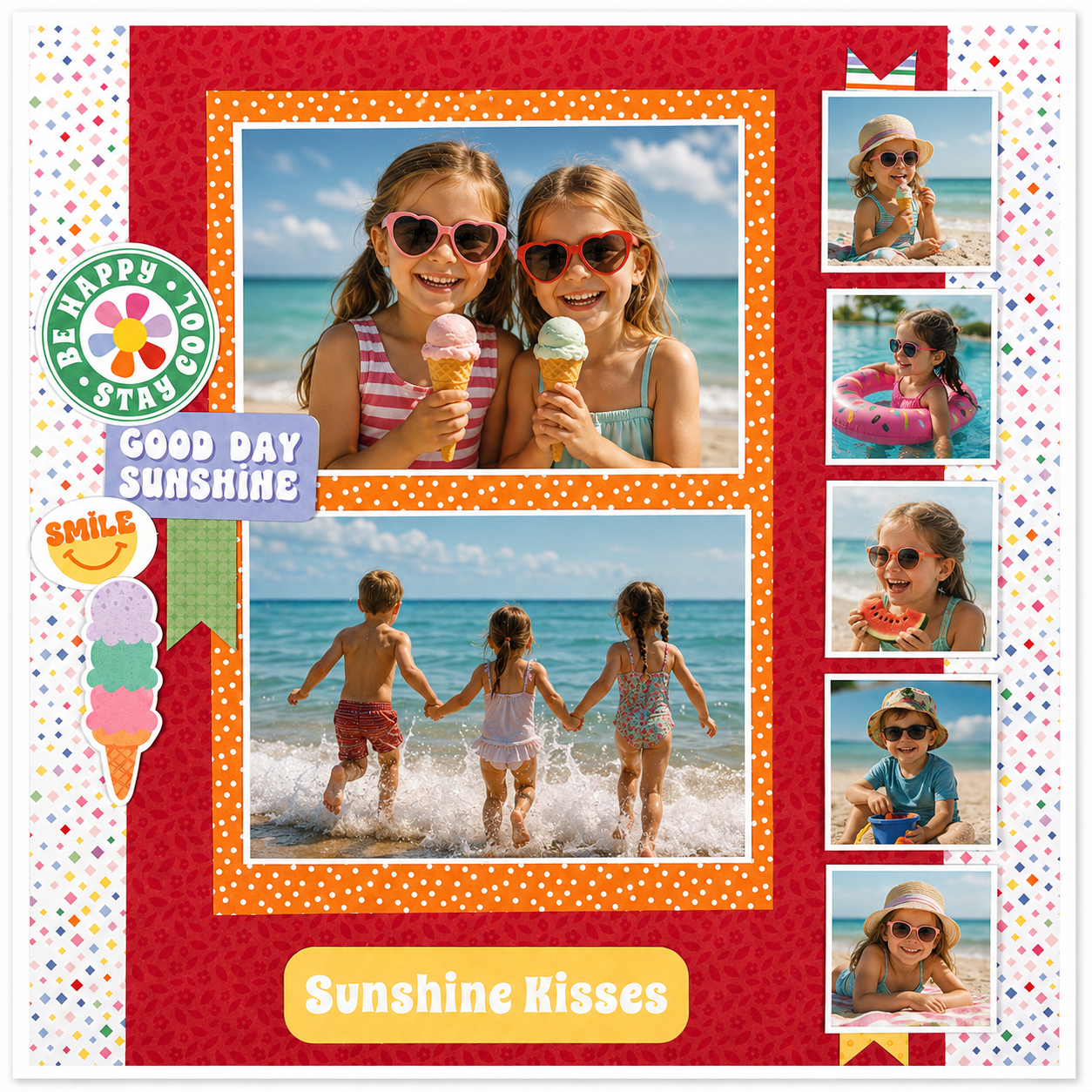 "Good Day Sunshine" sample scrapbook layout created with The Memory Collective Club August kit, featuring cheerful summer-themed patterned papers, layered embellishments, multiple photos, and journaling.