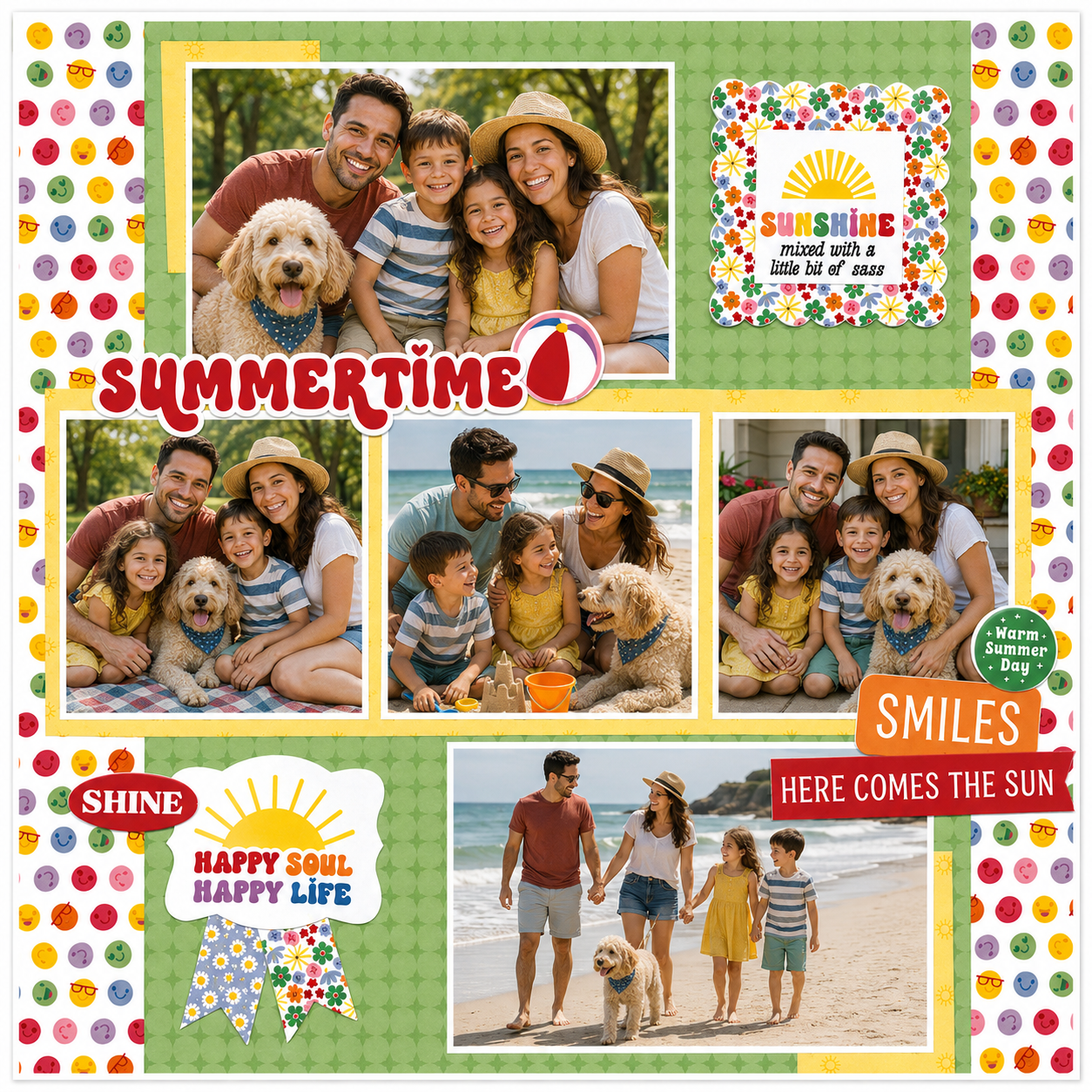 "Happy Soul, Happy Life" sample scrapbook layout created with The Memory Collective Club August kit, featuring retro-inspired patterned papers, colorful embellishments, multiple summer photos, and journaling.