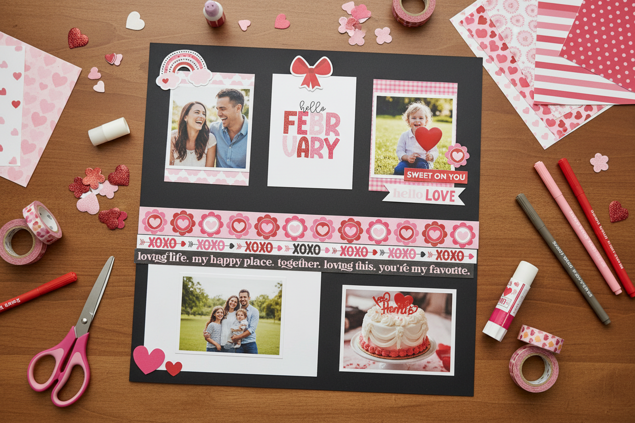 Overhead view of February Valentine's scrapbook page with photos on desk
