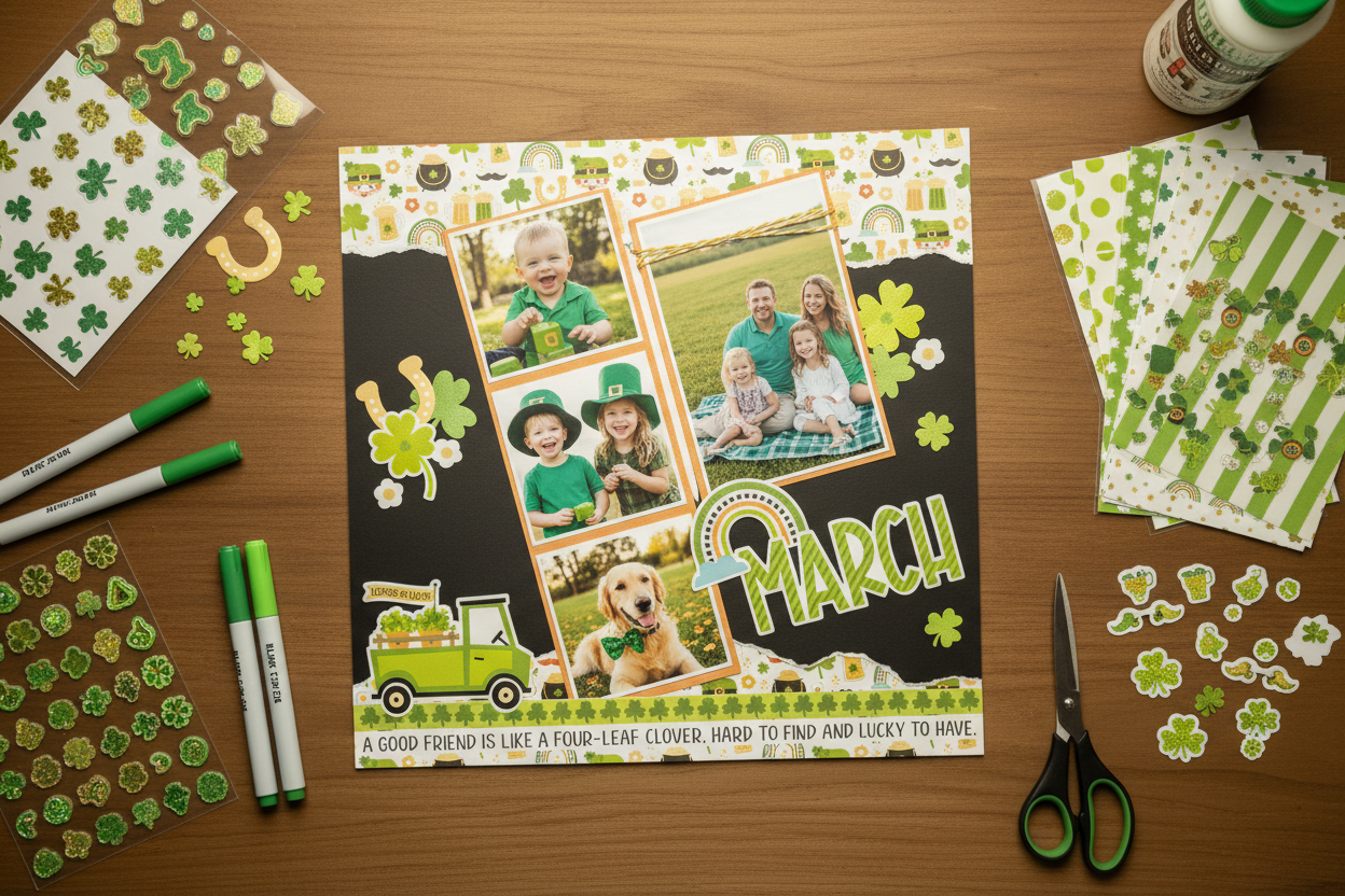 Overhead view of March layout with photos on cozy desk with kit supplies