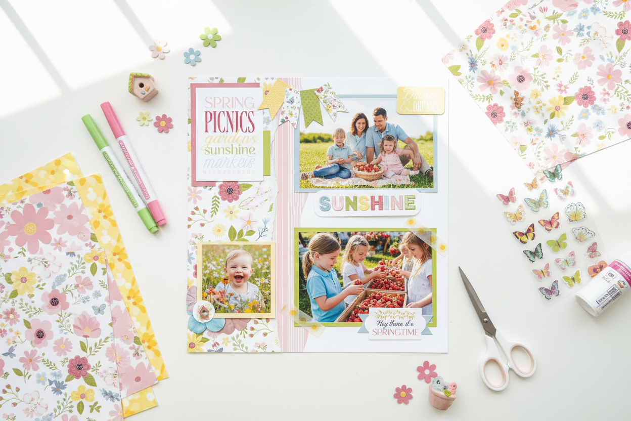 Overhead view of Spring Picnics layout on white modern desk