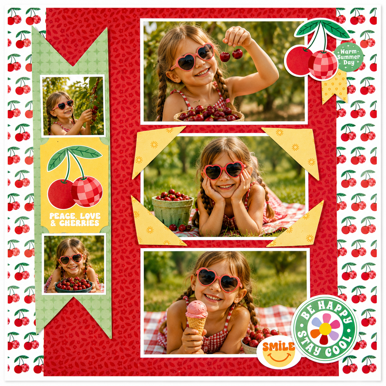"Peace, Love, & Cherries" sample scrapbook layout created with The Memory Collective Club August kit, featuring retro-inspired patterned papers, cherry-themed embellishments, multiple summer photos, and journaling.
