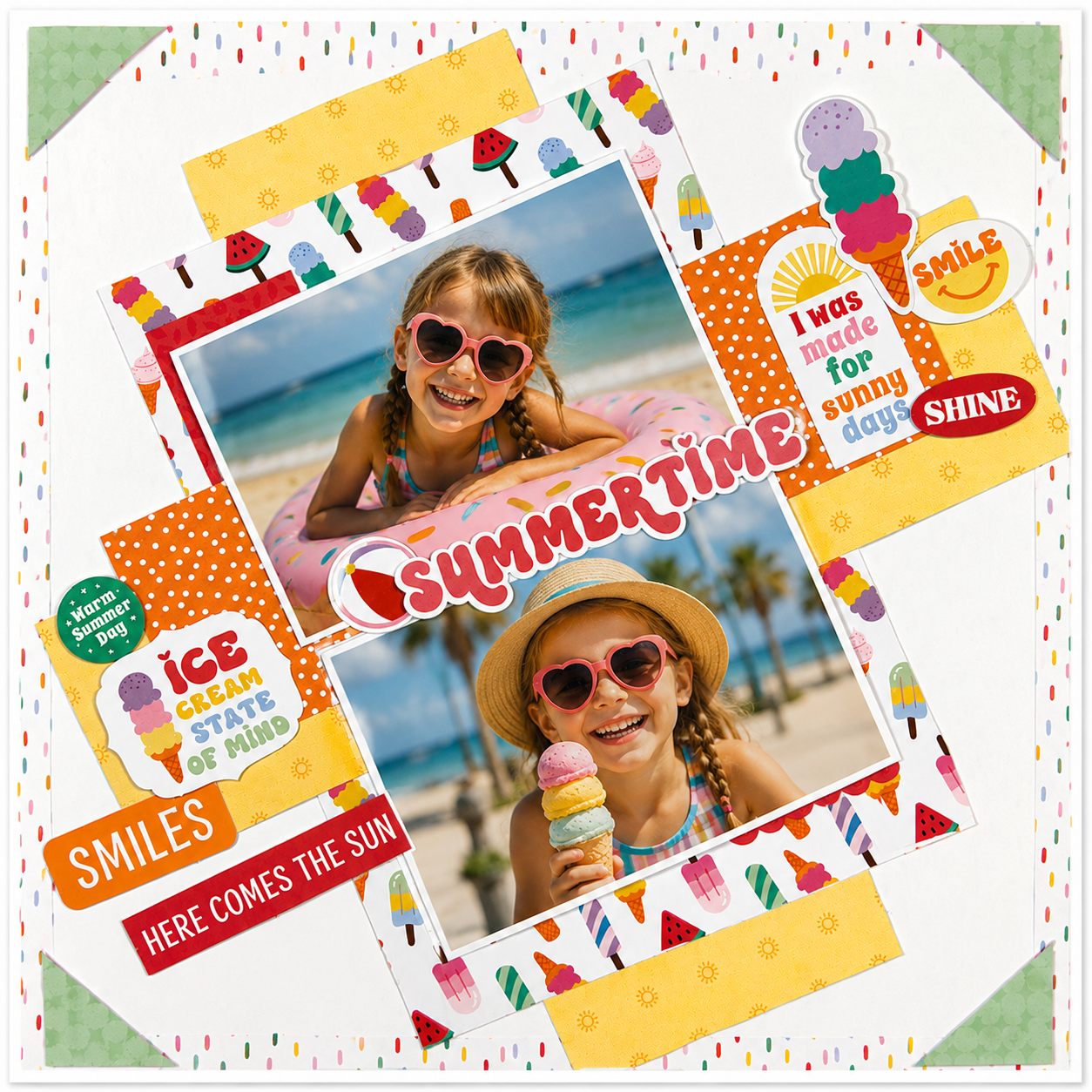 "Summertime" sample scrapbook layout created with The Memory Collective Club August kit, featuring colorful patterned papers, layered embellishments, multiple summer photos, and journaling.