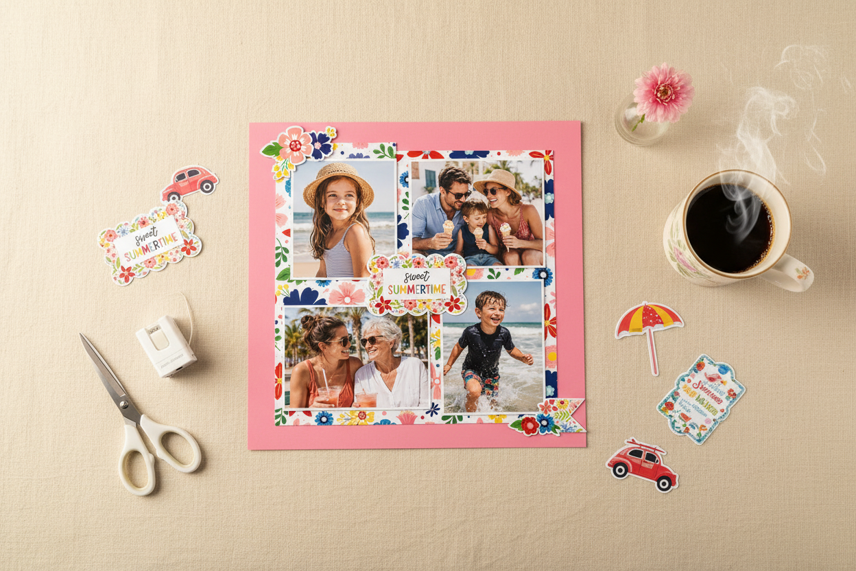 Sweet Summertime layout on cream linen desk